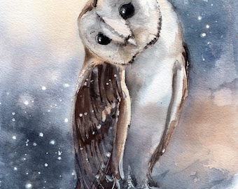 Whimsical Barn Owl Watercolor Painting, Original Woodland Bird Art, Wildlife Artwork