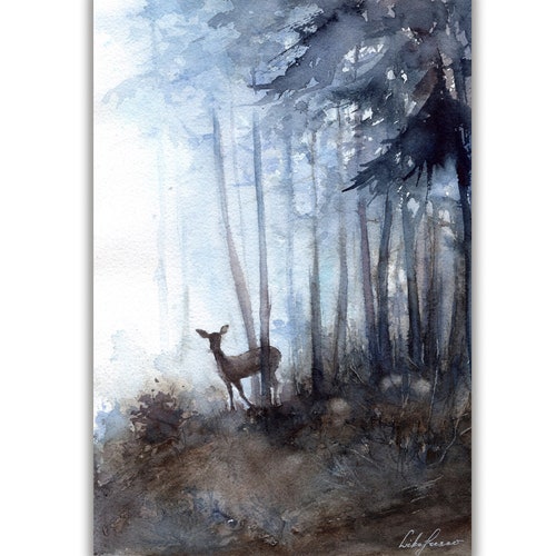 Deers in misty pine trees forest, shops Set of 2 watercolor paintings, original watercolor landscape, trees painting, forest wall art, animals art