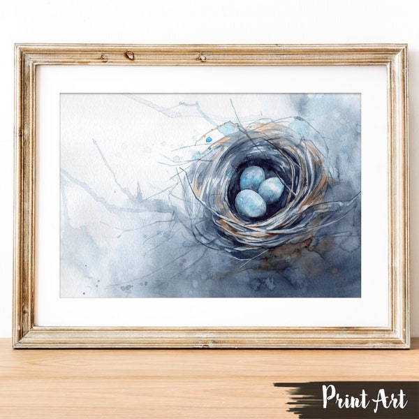 Nest with eggs Print watercolor spring art. Easter eggs. Gift for Mom Bird nest wall art. Blue giclee art print.
