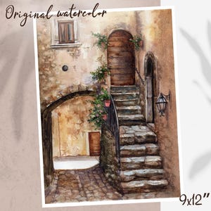 Italy courtyard watercolor painting. Pescara old Italian countryside. Architecture of European town. Original artwork.