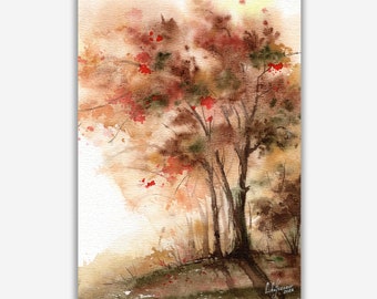 Autumn trees painting. Fall wall decor. Watercolor trees art. Original watercolor painting. Beautiful autumn forest red rowan.