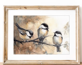 Chickadee Watercolor Painting. Three birds Original Artwork. Perfect Bird Lover gift.