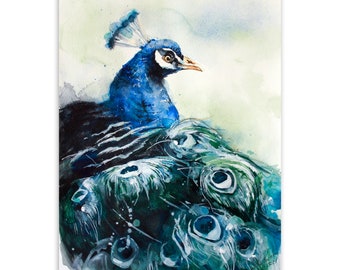 Bird art watercolor painting not print. Peacock painting, original art, peacock feathers wall decor, hand painted peacock .