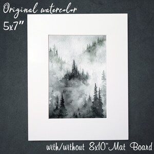 Montagne paesaggio naturale nebbioso. 5x7 foresta sempreverde dipinto ad acquerello originale. Pini nebbiosi. Arte selvaggia monocromatica.