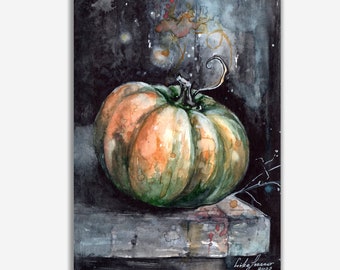 Pumpkin wall art. Halloween gift. Autumn harvest. Kitchen fall decor. Vegetable original watercolor painting.
