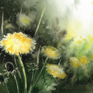 Dandelion original watercolor painting. Hand painted artwork. Botanical art. Flower wall art. Nature painting.