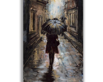 Woman under rain with umbrella. Night city architecture painting, Rainy street original watercolor painting with gold.