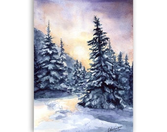 Forest scene. Watercolor painting. Winter scene. Winter landscape snow pine trees, winter sunset in mountain, Christmas wall art. 10833