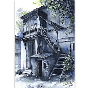 Barn Old Town Original watercolor painting. Old barn painting, cityscape painting, street scene , Ukraine courtyard old house.