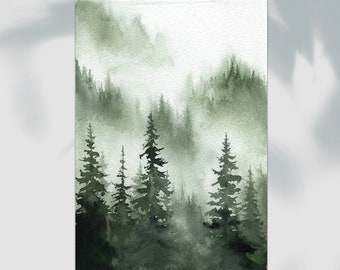 Misty evergreens forest 5x7” original painting, foggy mountains watercolor art, moody painting, misty nature landscape.