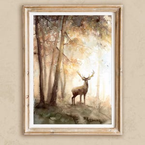 Stag in Autumn Forest Watercolor Painting – Woodland Wall Art – Forest Animal Home Decor – Deer Misty Landscape – Original Nature Artwork