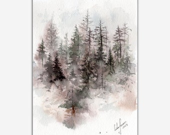 Misty forest 5x7” painting, evergreen trees, foggy landscape  original watercolor nature painting.