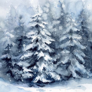 Christmas tree painting. Watercolor snow winter landscape. Christmas wall art. Christmas trees original artwork.