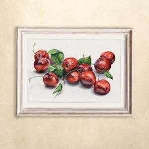 Cherry Original Watercolor Painting Realistic Fruit Artwork, Kitchen Wall Decor, Still Life Farmhouse Wall Art