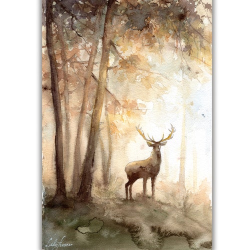 Deers in misty pine trees forest, shops Set of 2 watercolor paintings, original watercolor landscape, trees painting, forest wall art, animals art