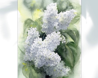 Peinture originale aquarelle de fleurs lilas blanches. Art mural floral printanier buisson de lilas blanc Cadeau pour maman, peinture de fleurs. Oeuvre d'art botanique.