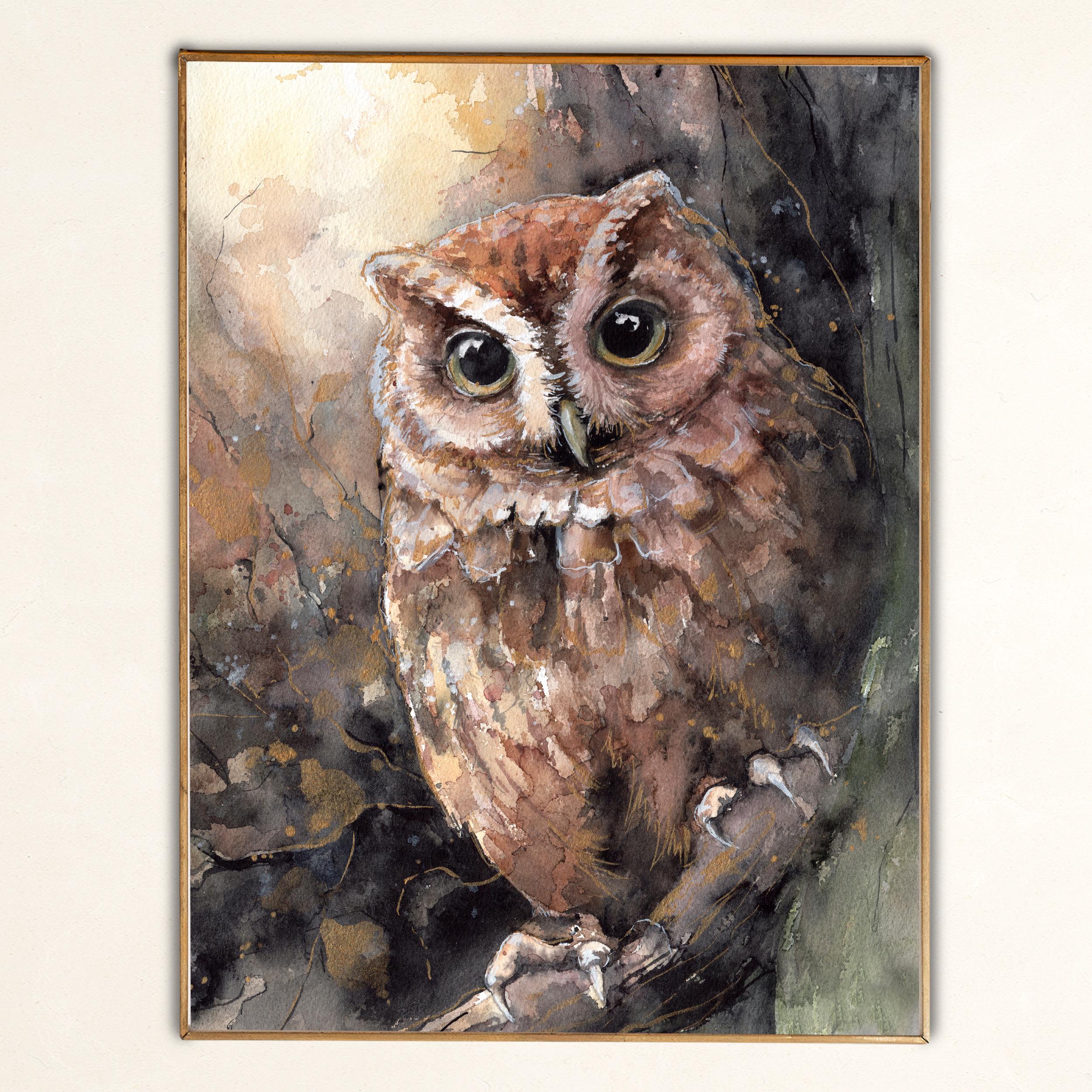 Owl Watercolor Print, Woodland Birds Wildlife Poster Bird Watchers Gift, Dark Bird Painting