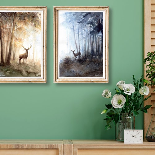 Deers in misty pine trees forest, shops Set of 2 watercolor paintings, original watercolor landscape, trees painting, forest wall art, animals art