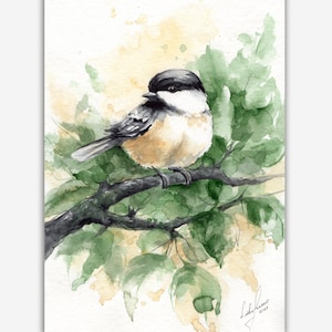 Chickadee watercolor art, bird original artwork, perfect bird painting for chickadee lover. Birds wall art.