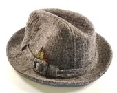 Vintage Stetson Mens 7 1 8 Grey Plaid Wool Fedora hat with feathers and Stetson pin - packaged and ready to ship