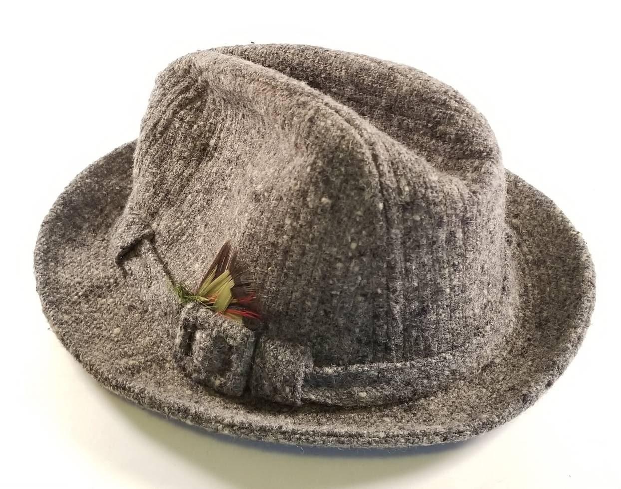 Grey Plaid Wool Fedora Hat 