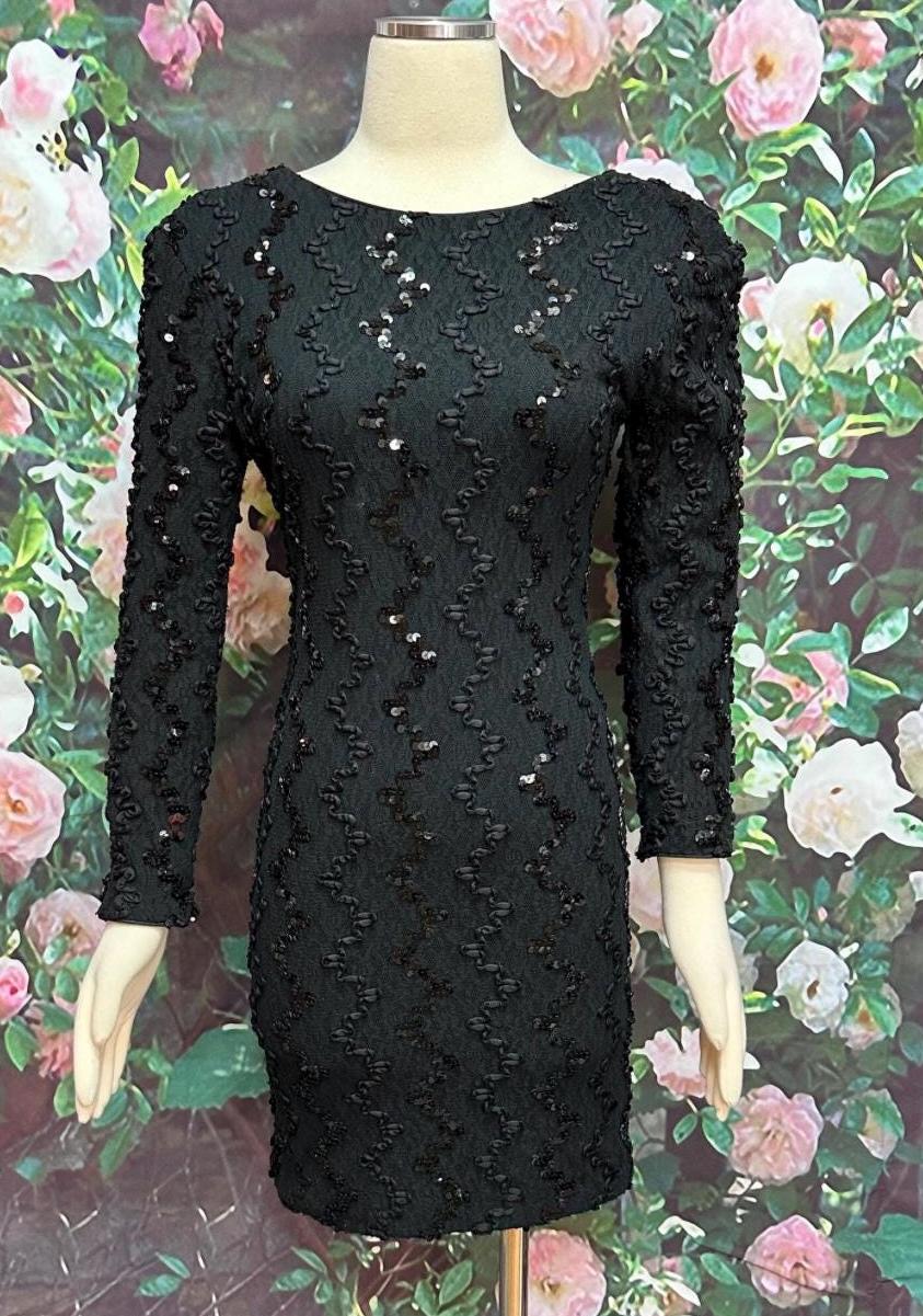 Vintage 80s Black Sequin Cocktail Dress, Ribbon Detail, Size M - Etsy Vintage 80s Black Sequin Cocktail Dress, Ribbon Detail, Size M - Etsy