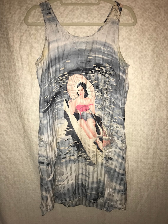 Vintage Citron 100% silk asian print dress