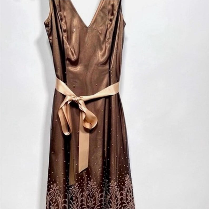 Puede incluir: Vestido marr&oacute;n sin mangas con escote en V y cinta marr&oacute;n claro atada a la cintura. El vestido tiene un dobladillo estampado y peque&ntilde;os adornos dispersos. La tela tiene un ligero brillo y el vestido parece estar hecho de un material ligero.