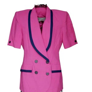 J. Gallery Vintage 1980s Bright Pink with navy blue trim button up Blazer With Shoulder Pads. Size 8