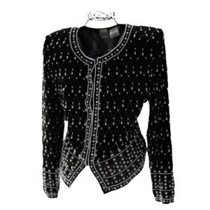 RARE 1980&#39;s Vintage Maison Magique 100% silk sequin beaded long sleeved formal open/closed blouse/blazer. . Size L.