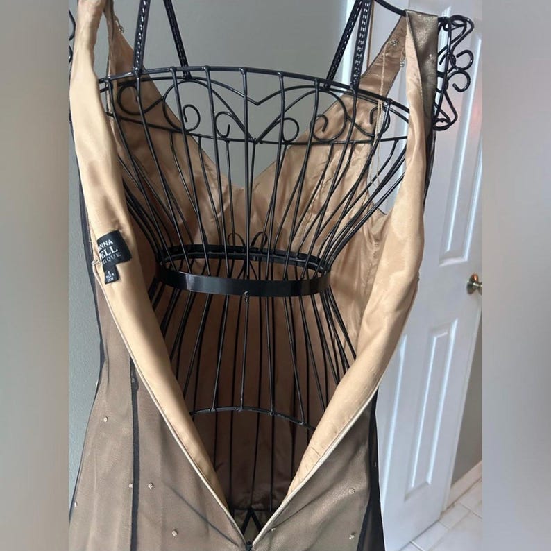Puede incluir: Un vestido formal en color neutro, colgado de un maniqu&iacute; de alambre negro. El vestido tiene cuello en V y tirantes finos. El vestido est&aacute; hecho de una capa exterior negra transparente sobre un forro beige. Una etiqueta es visible.
