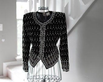 RARE 1980's Vintage Maison Magique sequin and beaded long sleeved formal open/closed blouse. Size L.