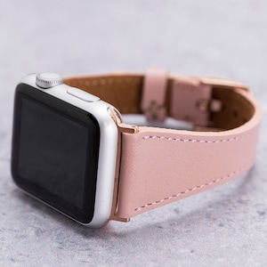Pink Leather Slim Apple Watch Band 40mm 41mm 42mm 44mm 45mm 46mm 49mm, Women Engraved iWatch Strap Series 10 9 8 7 6 5 4 Ultra Band Gift Her