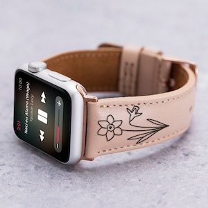 Birthflower Apple Watch Band 38mm 40mm 41mm 42mm 44mm 45mm 49mm, Birth Flower Engraved Apple Watch Strap Series 9 8 7 6 5 SE, Birthday Gift