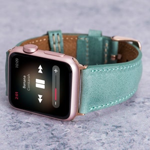 Sea Green Leather Apple Watch Band 38mm 40mm 41mm Women, Engraved iWatch Strap 42mm 44mm 45mm Series 9 8 7 6 5 4 SE Ultra, Anniversary Gift