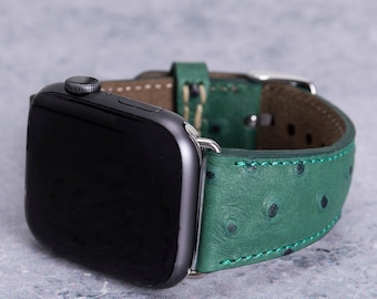 Leather Apple Watch Band 42mm 44mm 45mm, Green Ostrich Pattern Engraved 38mm 40mm 41mm iWatch Strap Series 9 8 7 6 5 4 3 SE, Men Women Gift