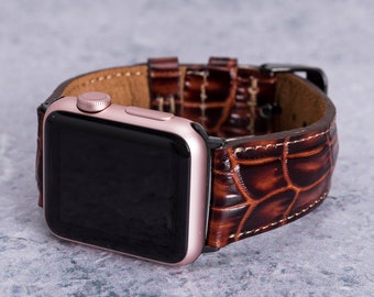 Crocodile Pattern Leather Apple Watch Band 38mm 40mm 41mm 42mm 44mm 45mm 49mm, Dark Brown iWatch Strap Series 9 8 7 6 5 4 3 SE & Apple Ultra