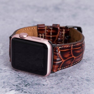 Crocodile Pattern Leather Apple Watch Band 38mm 40mm 41mm 42mm 44mm 45mm 49mm, Dark Brown iWatch Strap Series 9 8 7 6 5 4 3 SE & Apple Ultra