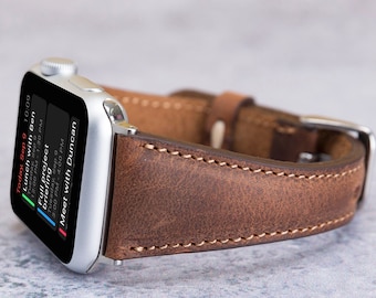Smoky Brown Leather Slim Apple Watch Band 40mm 41mm 42mm 44mm 45mm 46mm Series 10 9 8 7 6 5 SE, Engraved iWatch Strap Ultra 49mm Band Women