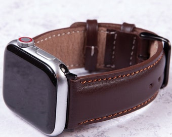 Dark Brown Leather Apple Watch Band 49mm 45mm 44mm 42mm 41mm 40mm 38mm Men, Engraved Personalized iWatch Strap Series 9 8 7 6 5 4 3 SE Ultra