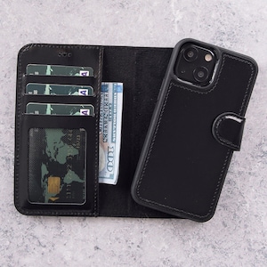 Funda de cuero para iPhone 16 Pro Max para hombre, funda tipo billetera para iPhone 15 para él, tarjetero para iPhone Mini, carcasa trasera desmontable marrón ahumado para iPhone 14 Pro