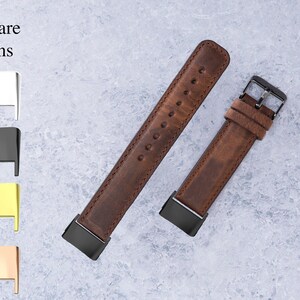 May include: Two brown leather watch straps with black metal hardware. The straps are shown with different hardware options: silver, black, gold, and rose gold.