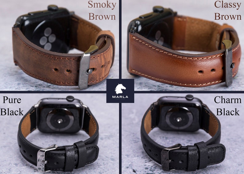 May include: Four Apple Watch bands in different colors and styles.  The bands are made of leather and have a metal buckle.  The colors are Smoky Brown, Classy Brown, Pure Black, and Charm Black.
