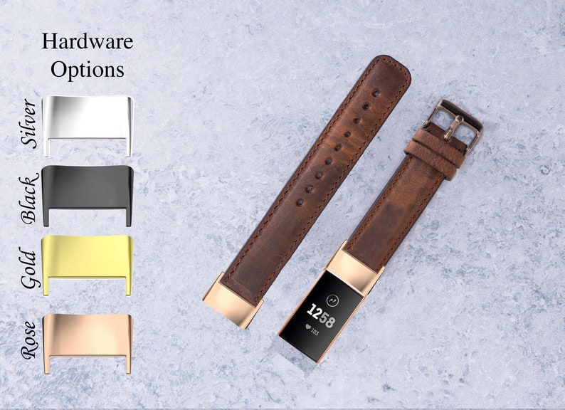May include: A brown leather watch band with gold hardware. The band is shown with a fitness tracker with a rose gold finish. The image also shows a selection of hardware options: silver, black, gold, and rose gold.