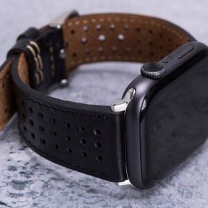 Perforated Leather Apple Watch Band 38mm 40mm 41mm 42mm 44mm 45mm Men Women, Sportive iWatch Strap Series 9 8 7 6 5 4 3 SE, Anniversary Gift image 2