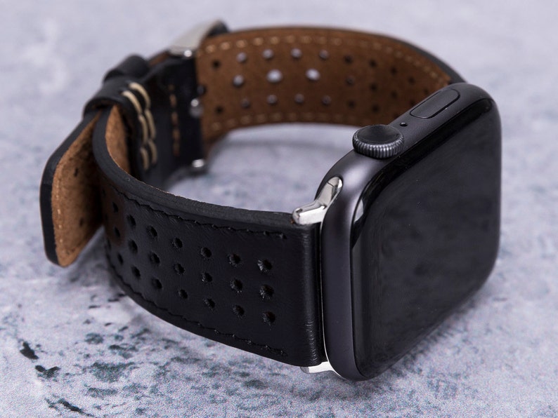 Perforated Leather Apple Watch Band 38mm 40mm 41mm 42mm 44mm 45mm Men Women, Sportive iWatch Strap Series 9 8 7 6 5 4 3 SE, Anniversary Gift image 2