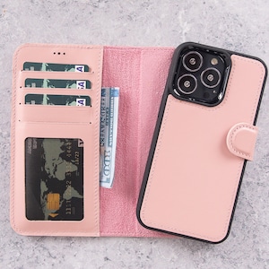 Funda rosa para iPhone 16 para mujer, funda de cuero tipo billetera para iPhone 15 para ella, funda con soporte para tarjetas para iPhone 14, carcasa trasera desmontable para iPhone 13 para su mamá