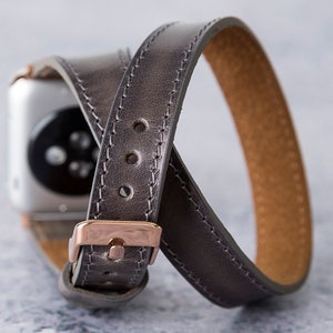 Smoky Black Double Wrap Leather Apple Watch Band Series 8 7 6 5 4 3 SE Women, Slim iWatch Strap Bracelet 38mm 40mm 41mm 42mm 44mm 45mm Girl