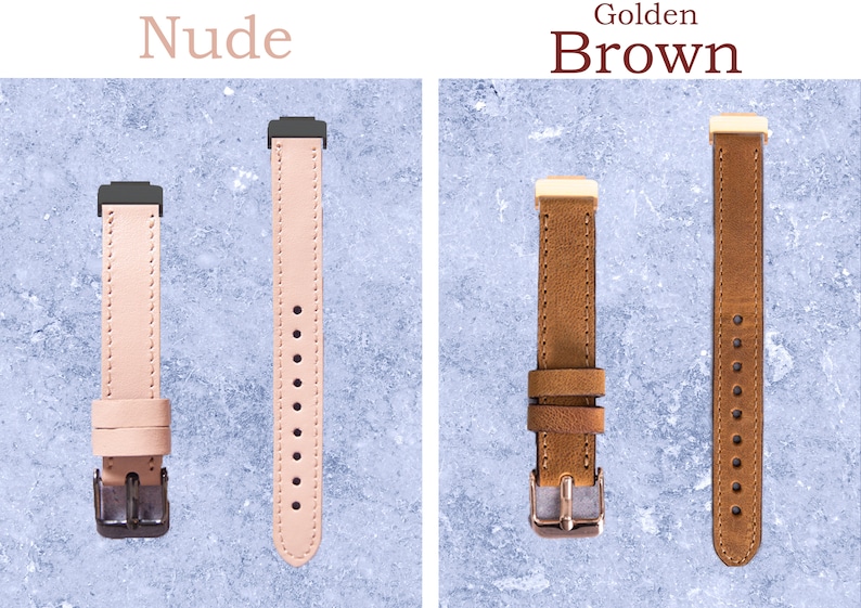 May include: Two watch bands are displayed. One is a light nude color with a black buckle and connector. The other is golden brown with a rose gold buckle and connector. Both bands are made of leather and have stitching along the edges.
