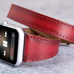 Double Wrap Apple Watch Band 46mm 45mm 44mm 42mm 41mm 40mm Women, Red Slim Leather iWatch Strap Series 10 9 8 7 6 5 4 Ultra Perfect Gift Her